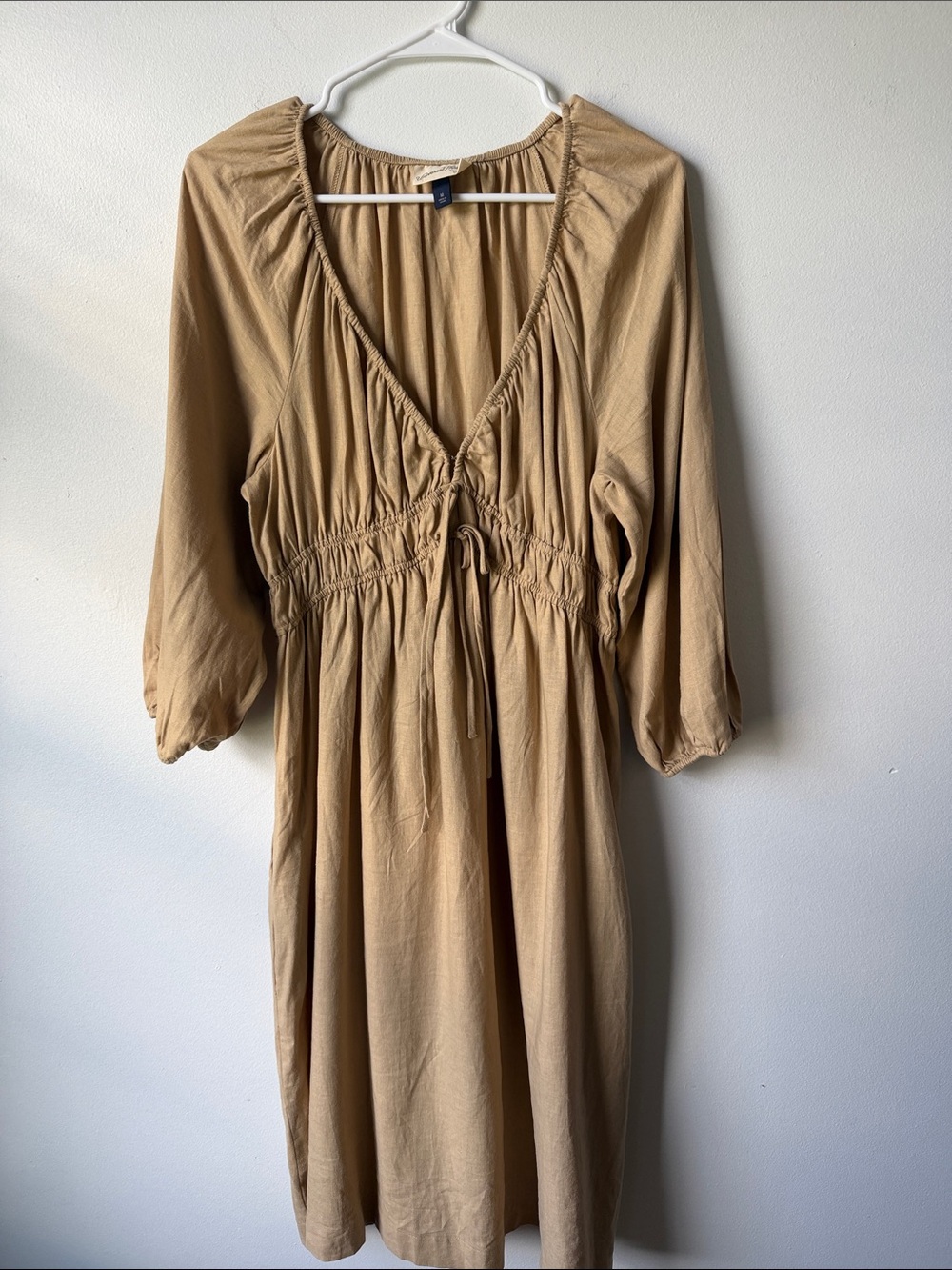 Universal Thread Tan V-Neck Midi Dress with Drawstring Waist SZ M